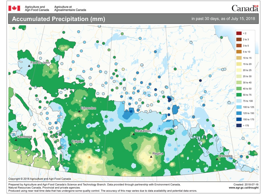 Prairie precipitation counts for the 30 days ending July 15, 2018.