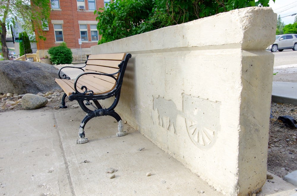 One of a series of “Founders Parks” stands in Minnedosa’s downtown, each with an informative plaque recognizing the town’s founders.