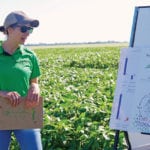 MPSG production specialist Laryssa Stevenson talks about the benefits and risks to a rescue nitrogen application in soybeans during the Manitoba Pulse and Soybean Growers SMART Day event in Melita July 17.