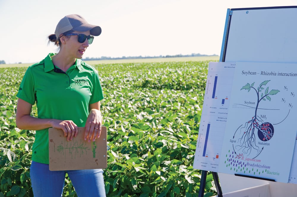 MPSG production specialist Laryssa Stevenson talks about the benefits and risks to a rescue nitrogen application in soybeans during the Manitoba Pulse and Soybean Growers SMART Day event in Melita July 17.