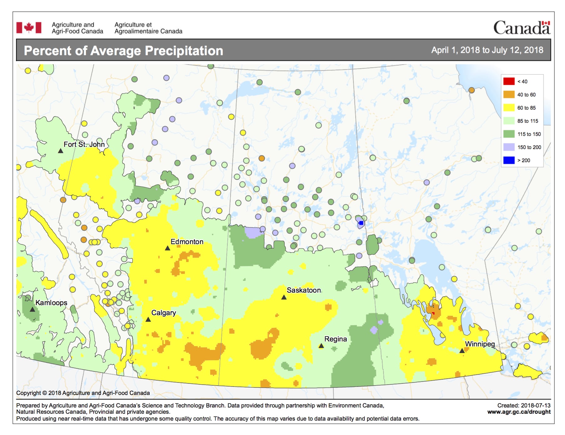 This map shows the per cent of average precipitation that has fallen across the Prairies so far this growing season. Over the first three months of the growing season, most regions received below-average amounts of precipitation. The northern Prairies, along with eastern Saskatchewan and far western Manitoba, have seen above-average amounts.