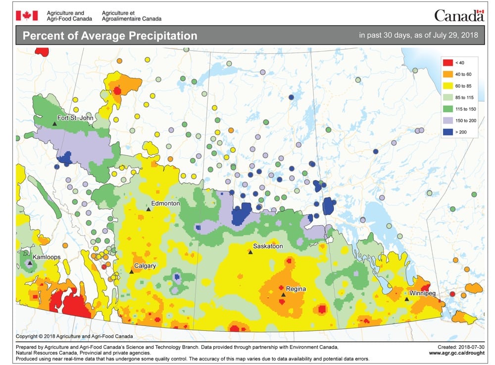 This map shows the total precipitation as a percentage of average across the Prairies during the 30-day period ending July 26. Most parts of agricultural Manitoba saw near- to slightly below-average amounts. A few locations in western and northwestern regions saw above-average amounts. Farther west, much of Saskatchewan and Alberta were dry, with the northernmost parts of these provinces receiving above-average rainfall in July.