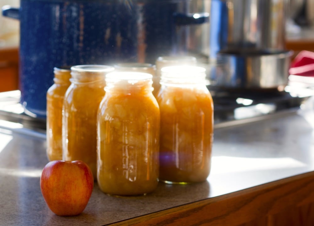 Jars of freshly applesauce with home-canning equipment in the background.