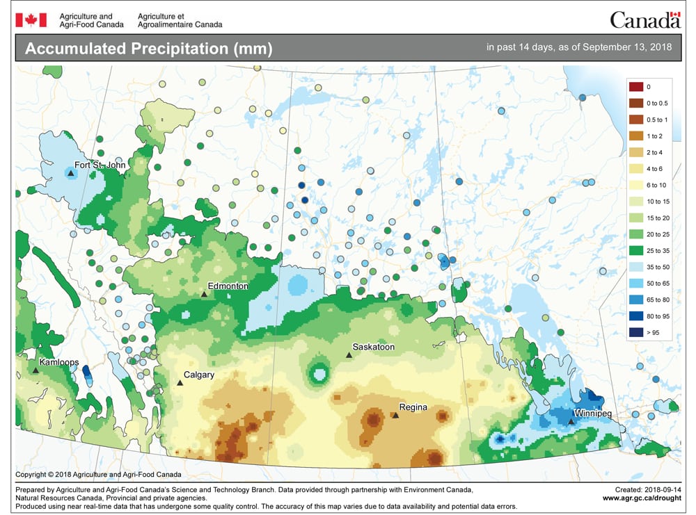 This map shows the total amount of precipitation that has fallen across the Prairies during the fist half of September. After a dry summer, central and eastern Manitoba, along with northern agricultural Saskatchewan and the northern half of Alberta, received some significant precipitation. These regions saw anywhere from 25 to over 50 mm, providing some much-needed soil moisture.