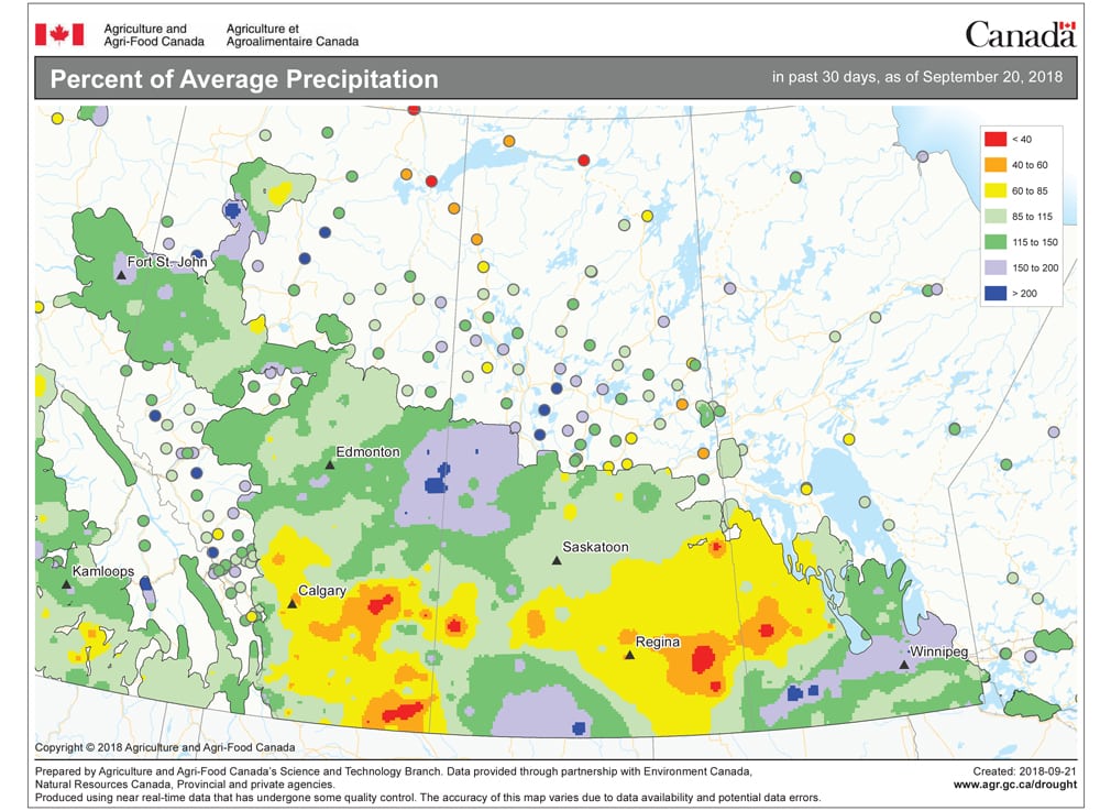 This map shows the total amount of precipitation that has fallen across the Prairies over the 30 days leading up to Sept. 20, as a percentage of the long-term average. Southern and central regions of Manitoba have seen significant rainfall, with large areas receiving amounts ranging from 115 to over 200 per cent above average. Northwestern regions of agricultural Manitoba, along with southeastern Saskatchewan, continue on the dry side, with amounts ranging from 85 per cent down to less than 40 per cent of average.