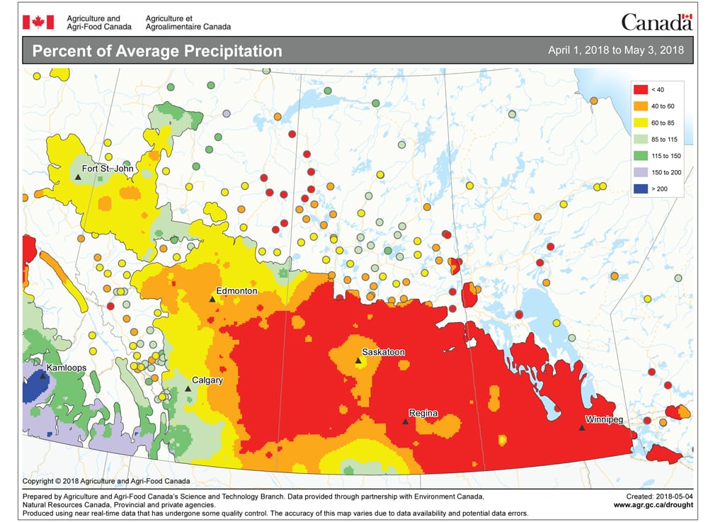 This map shows the total amount of precipitation that has fallen across the Prairies so far this growing season compared to the long-term average. A large portion of the Prairies has seen below-average amounts of rainfall, with the driest regions found over southwestern Saskatchewan and southeastern Alberta.