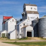This photo of the elevators at Minto was taken in August 2014, shortly after a windstorm damaged the former Manitoba Pool elevator (40,000 bushels, built in 1928 and traded to Paterson Grain in mid-1988) at left. The former Paterson elevator (32,000 bushels, built in 1936 and closed in 2005) at right fared somewhat better but both of them, in deteriorating condition generally, were deemed too costly to repair by the local farmer-owner. He demolished them in February 2015 but salvaged two steel bins on each side of the Paterson. They remain in active use.