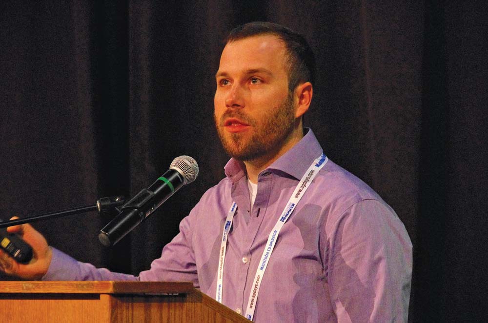 Greg Bartley, Manitoba Pulse and Soybean Growers on-farm specialist, gives this year’s Ag Days audience tips on developing their own research on farm.