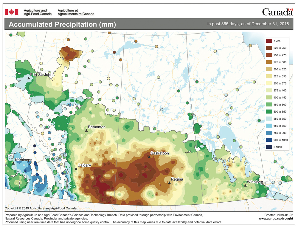 This map shows the total amount of precipitation that fell across the agricultural Prairies during 2018. While some regions of the Prairies naturally see less precipitation than others, this map nicely points out which areas were the relative driest or wettest. You can see that the driest area was centred around southwestern Saskatchewan and southeastern Alberta.