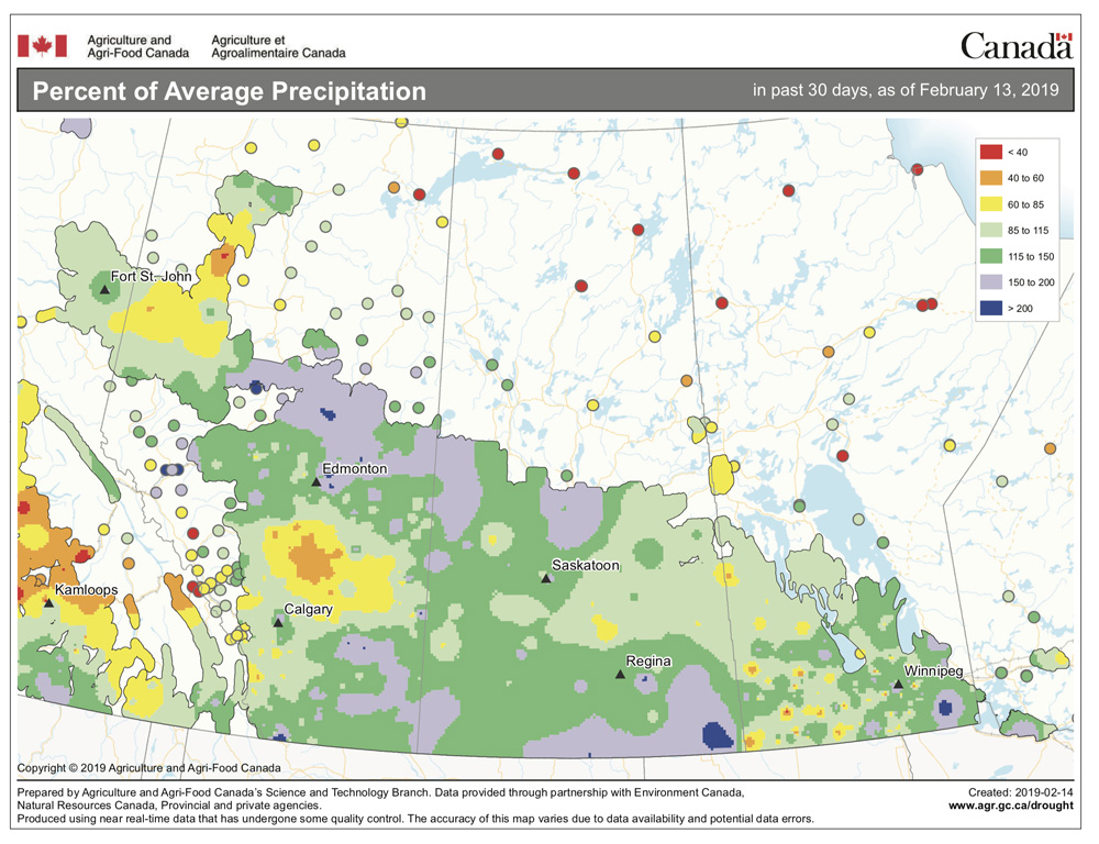 This map shows the total amount of precipitation that fell across the Prairies compared to average over the 30 days ending Feb. 13. This has been a much wetter period, with most regions reporting near- to above-average amounts of snow and only scattered areas reporting below-average amounts.