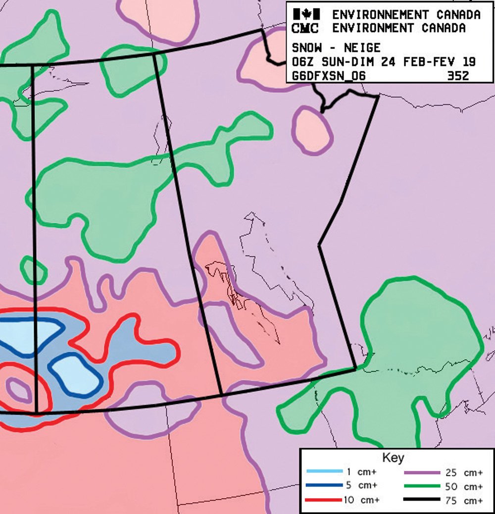 This map shows the snow cover across Saskatchewan, Manitoba and northwestern Ontario as of Feb. 24. The original map is created by Environment Canada, but I do a fair bit of tidying up and interpreting to make it easier to read. In this process some of the finer details are lost, especially over western Manitoba and southwestern Saskatchewan, so take this map as a general indication of snow cover.