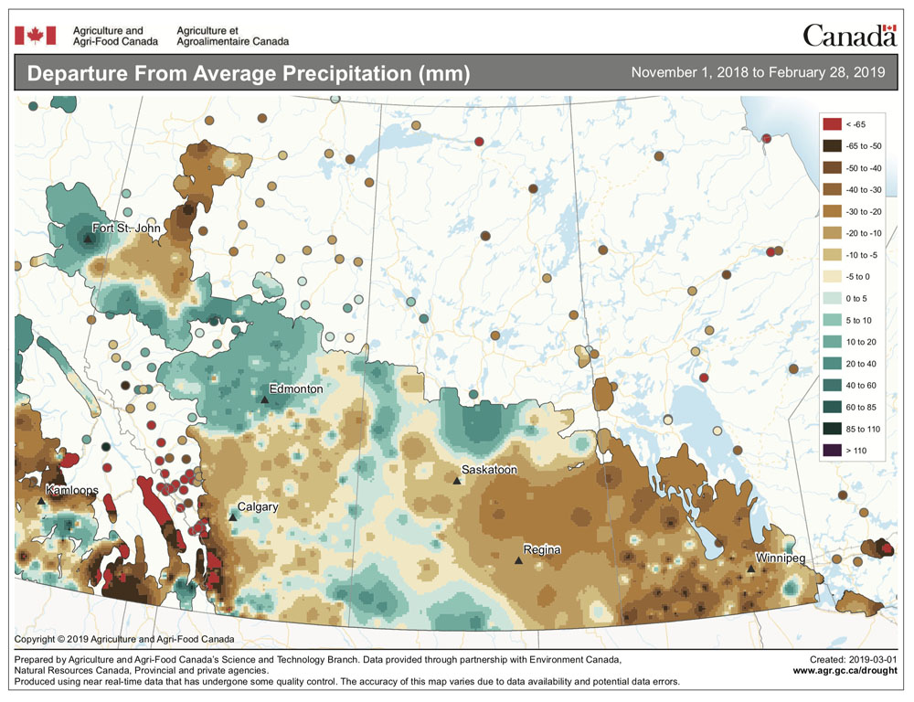 This map shows the departure from average amounts of precipitation across the Prairies so far this winter. Several people to whom I’ve talked seem to indicate that some areas have a lot of snow, but looking at the map — and Manitoba in particular — we can see that except for a few small areas, the region has generally seen below-average amounts of precipitation. Most areas have reported around 10 to 20 mm of water- equivalent precipitation below average.