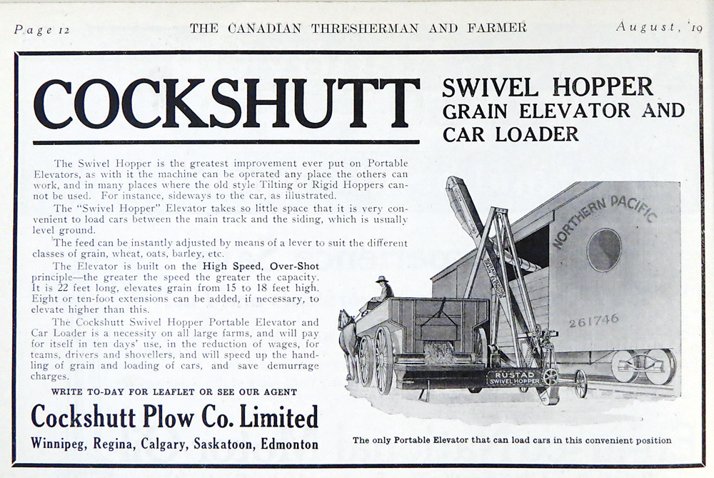 A Cockshutt ad from 1919 advertising the company’s car loader. Major companies such as Cockshutt as well as small manufacturers made portable elevators, an indication of the size of the market for such machinery.
