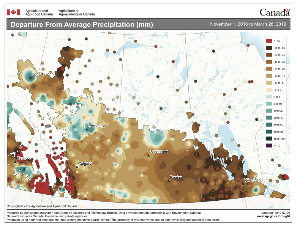 This map shows the departure from average precipitation across the Prairies during the extended winter season (Nov. 1 to March 28). A good portion of the Prairies received below- to well-below-average amounts of precipitation (browns and red). While some regions did see near- average to above-average amounts (blues), they were few and far between.