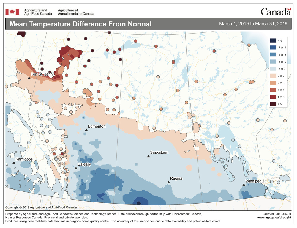 With relatively dry weather continuing across the Prairies, this map looks at the mean monthly departure from average temperature for the month of March across the Prairies. Northern regions saw above-average temperatures while southern regions were cooler than average. The coldest regions were found right along the border, with south-central Saskatchewan recording the largest difference from average.