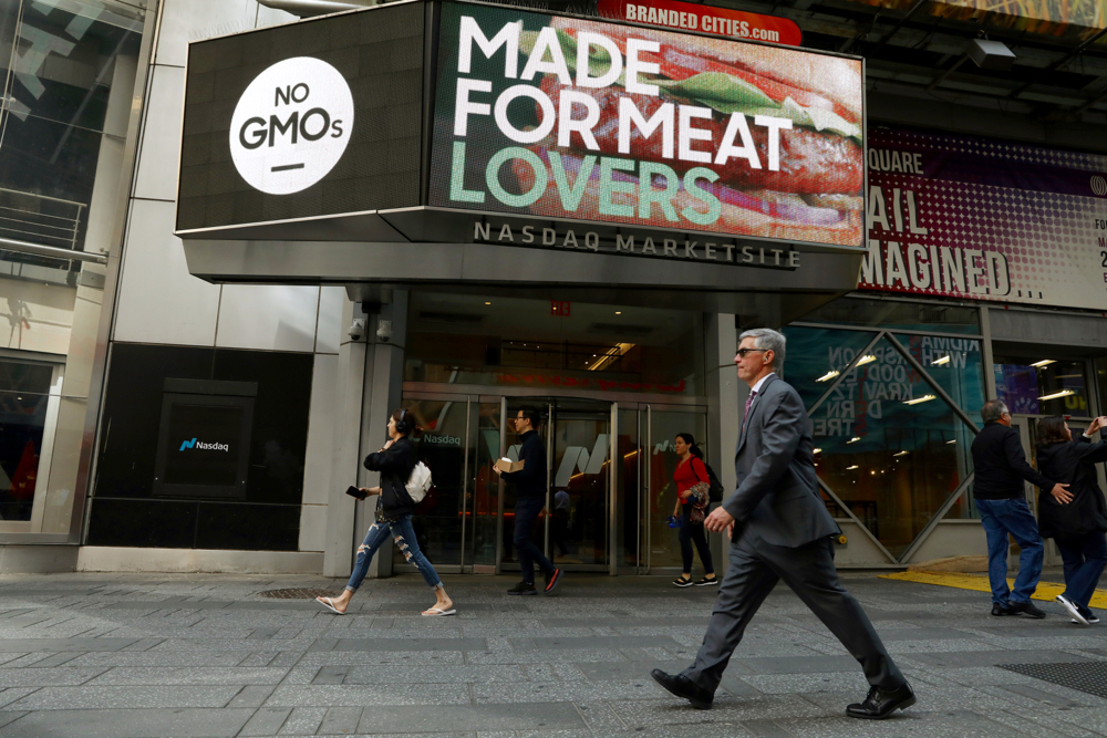 Beyond Meat signage featured on a screen during the company's IPO at the Nasdaq Market site in New York, May 2, 2019. 