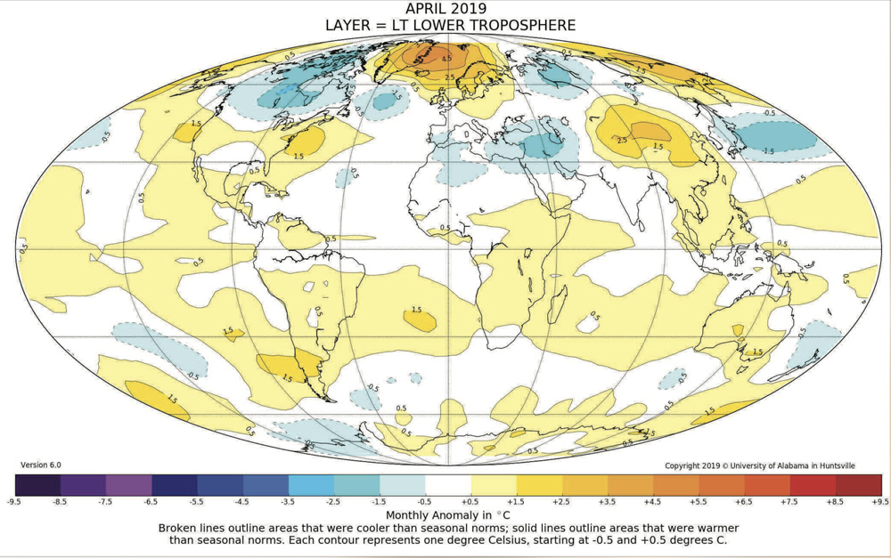 This map shows the global temperature anomalies for April for the lower eight kilometres of the atmosphere as determined by satellite measurement and reported by the University of Alabama at Huntsville. The coldest readings across the planet, compared to average, were centred over northern Manitoba, with most of the Prairies feeling the effects of slightly colder-than-average temperatures in April.