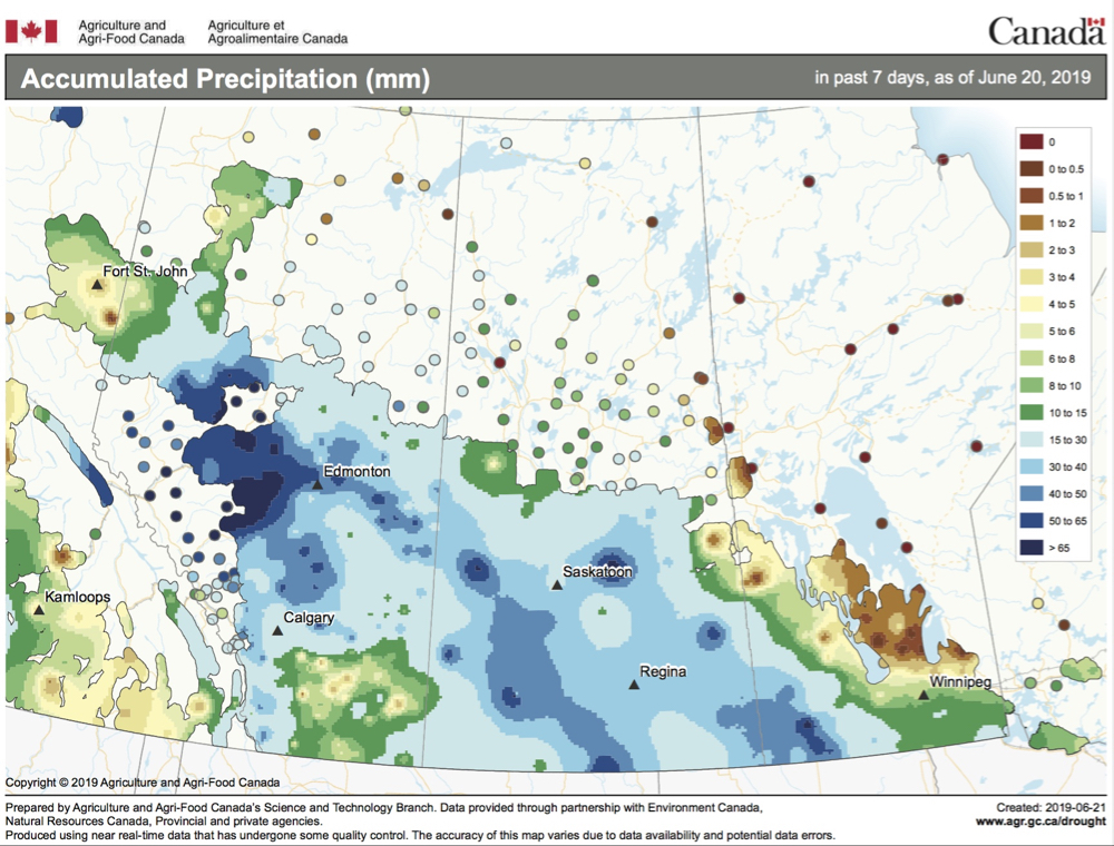 This issue’s map shows the seven-day accumulated precipitation across the Prairies ending June 20. For most regions that have been experiencing drought conditions, it has been a nice wet period. I wish a more up-to-date map was available for printing, as some more significant rains fell on June 21, especially over southern Alberta; Calgary reported over 50 millimetres. North-central Manitoba continues to be dry, with only an additional five to 15 mm falling after June 20.