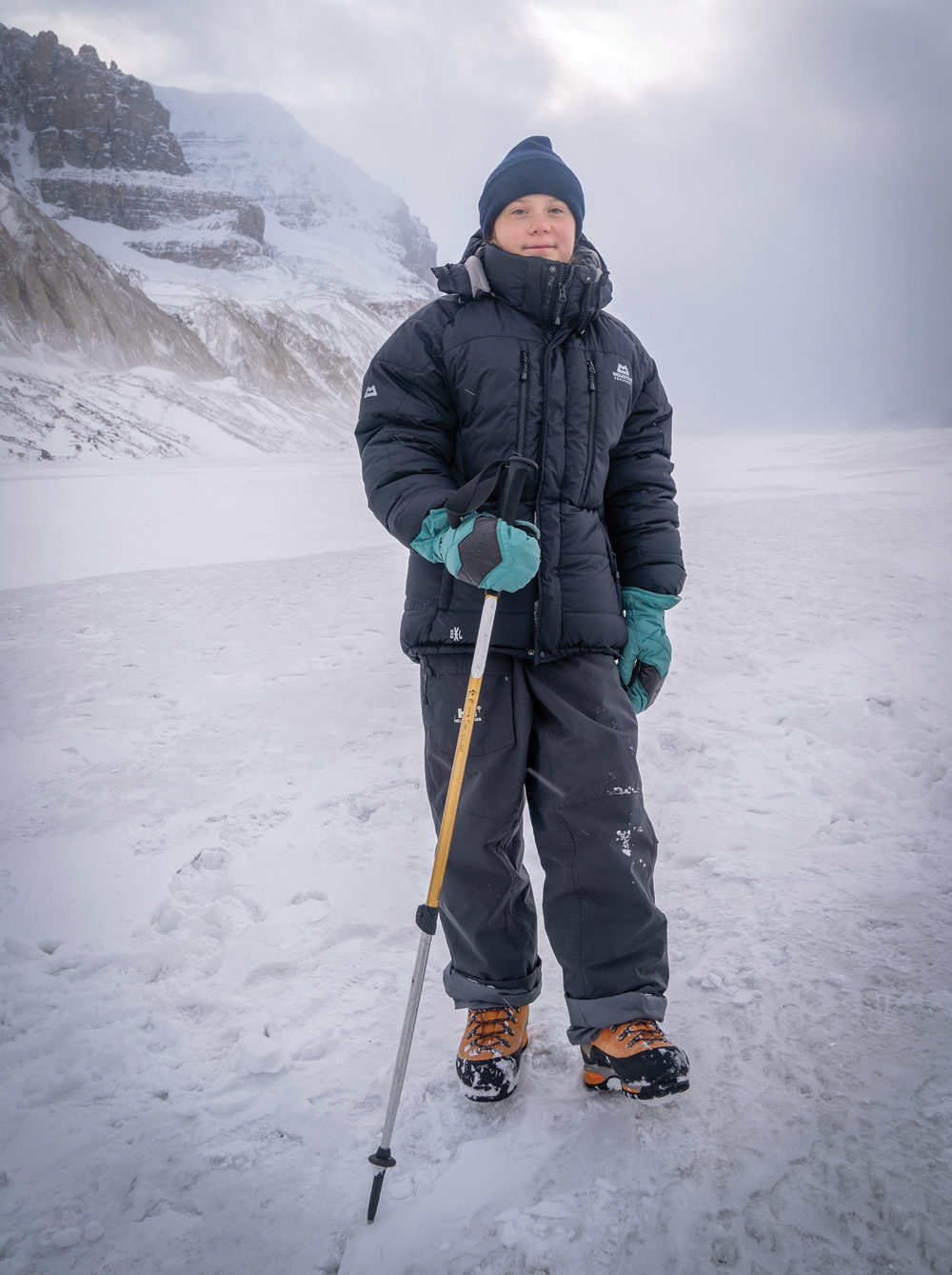 Teen Swedish climate activist Greta Thunberg poses as she visits the Athabasca Glacier at the  Columbia Icefield in Jasper National Park.
