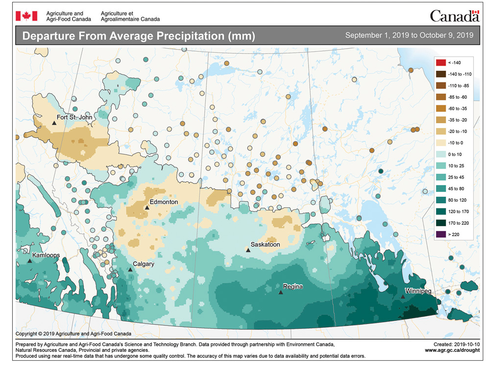 This map shows the amount of precipitation that has fallen across the Prairies since Sept. 1 as a departure from the long-term average. It has been a wet fall for a large portion of the Prairies, with only the northern edges of the agricultural regions seeing below-average amounts. The wettest areas have been across southeastern regions, where record to near-record rainfalls have occurred.