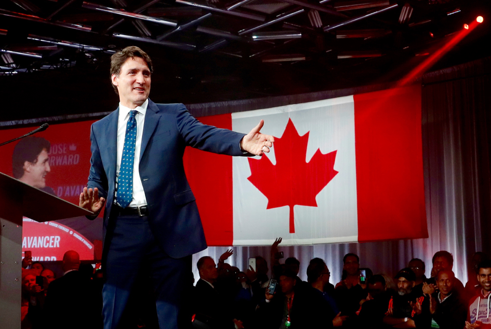 Prime Minister Justin Trudeau reacts after the federal election at the Palais des Congres in Montreal, Quebec, Oct. 22, 2019.