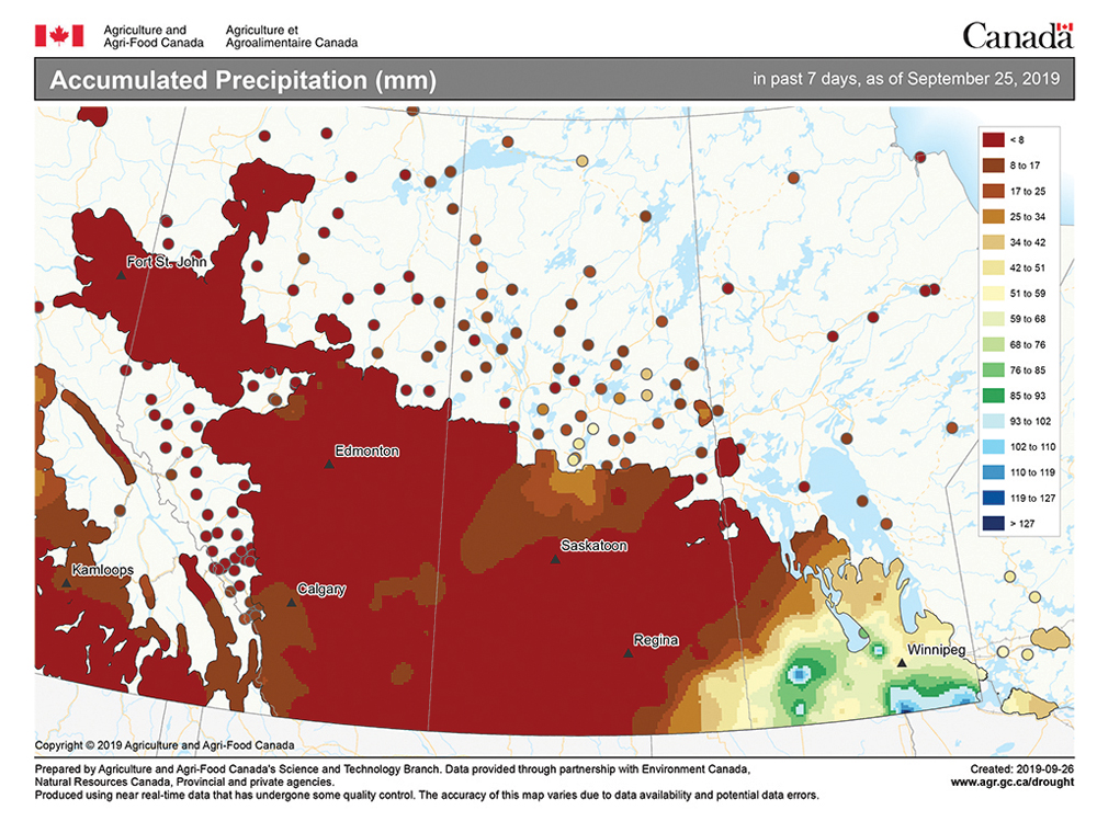 This map shows the amount of precipitation that fell across the Prairies from Sept. 18 to 25. This is the period that saw an anomalously warm and humid air mass move in across southern and central Manitoba, eventually resulting in thunderstorms and general heavy rains that brought over 100 mm to some regions.