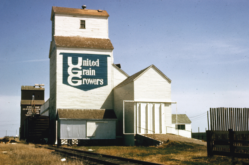 In 1927, United Grain Growers built a 30,000-bushel elevator at Pipestone to replace an earlier elevator dating from 1897. A 30,000-bushel balloon annex was constructed on its east side in 1952. Renovated between 1967 and 1968, it became the second UGG elevator here when, in early 1979, the company traded for the Manitoba Pool elevator (built 1929) in the background of this 1971 photo. Both elevators were closed in October 1991 and demolished in March 1992.
