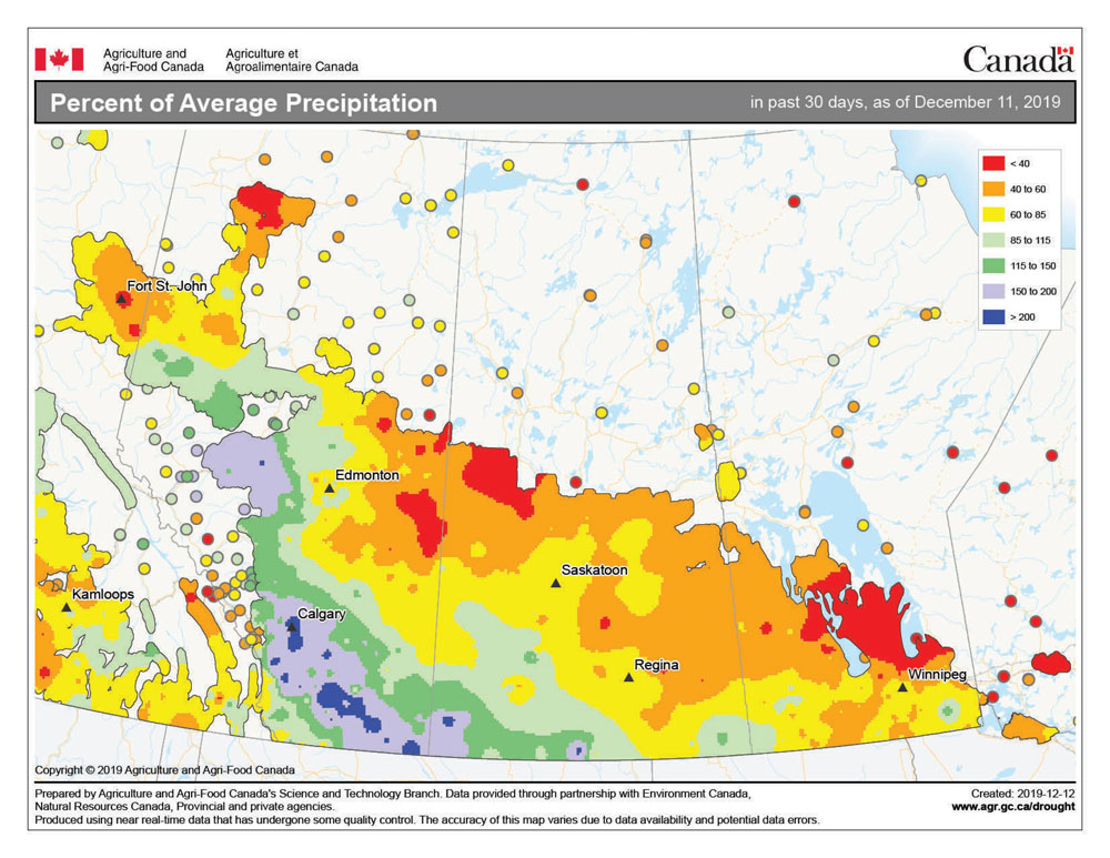 This map shows the amount of precipitation that has fallen across the Prairies as a per cent of average over the 30 days end- ing Dec. 11. Since the big October snowstorm that affected a large part of southern Manitoba, it has been dry across our region.
