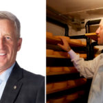 Manitoba agriculture minister Blaine Pedersen (l) said Loaf and Honey’s raw milk cheese-making process does not consistently produce a safe product. Dustin Peltier (r), seen here inside his cheese storage room, along with partner Rachel Isaak have decided to forgo any further attempts to comply due to financial burden.
