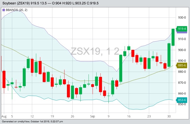 CBOT November 2019 soybeans with Bollinger (20,2) bands, a gauge of market volatility. (Barchart)
