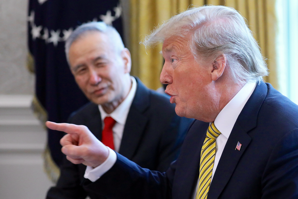 U.S. President Donald Trump speaks while meeting with China’s Vice Premier Liu He in the White House Oval Office, April 4, 2019.  Photo: Reuters/Jonathan Ernst
