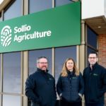 Martyn Donnelly, regional manager, livestock production, Atlantic Canada; Judy Cairns, accounting manager, finance; and David Ross, sales manager, livestock production (l-r) mark the rebranding of their division as Sollio Agriculture outside their Moncton office. (Photo courtesy Sollio Agriculture)
