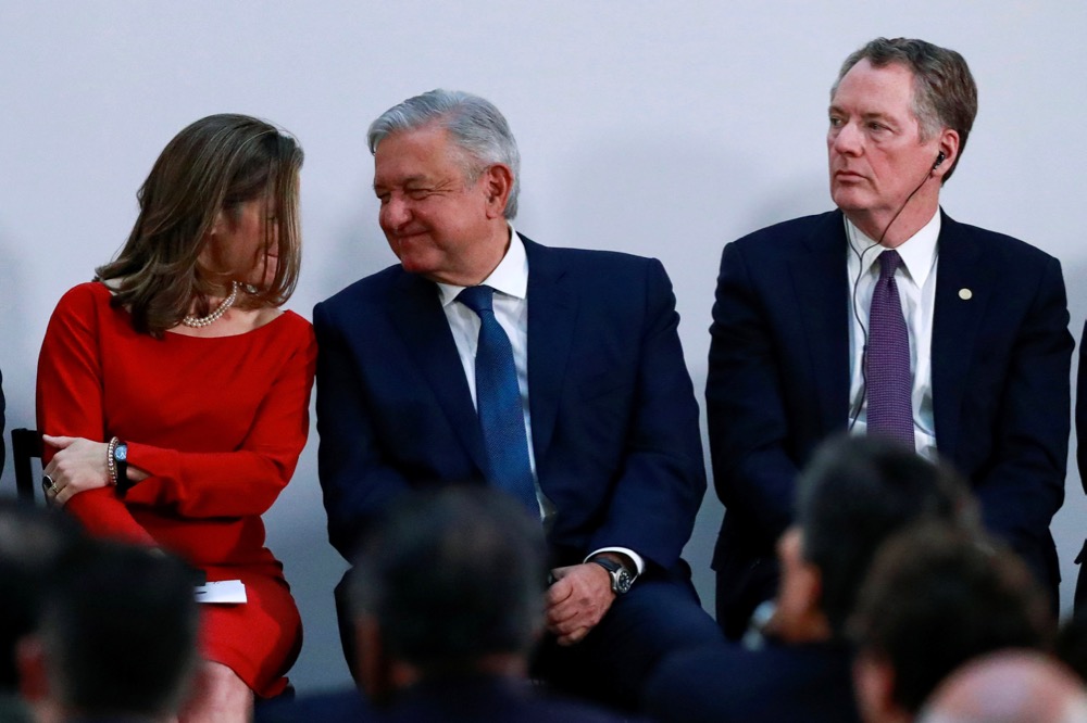 Canadian Deputy Prime Minister Chrystia Freeland, Mexico’s President Andres Manuel Lopez Obrador and U.S. Trade Representative Robert Lighthizer attend a meeting at the Presidential Palace in Mexico City on Dec. 10, 2019. (Photo: Reuters/Henry Romero)
