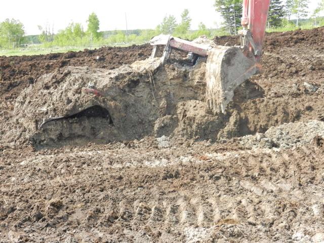 A backhoe digs manure out from around a 2009 Steiger 485. Photo courtesy Fisher Branch RCMP.
