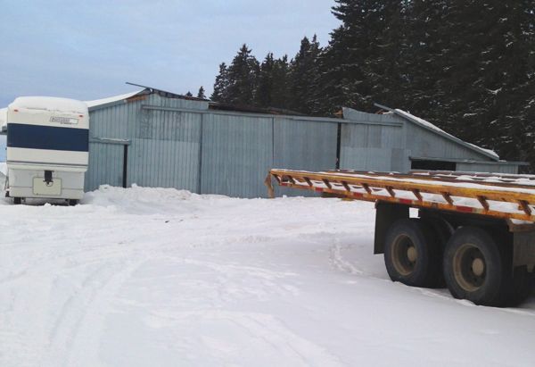 The front of Ken Munro’s machine shed doesn’t show the full scope of the damage following a collapse. (Photo courtesy Ken Munro)
