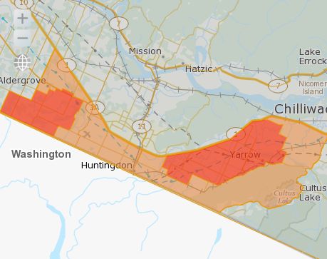 CFIA’s now-revised “restricted” zone for avian flu in the Fraser Valley is in orange; “infected” zones are in red. (Inspection.gc.ca)
