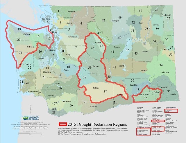 Washington state’s drought declaration regions as of March 13, 2015. (Ecy.wa.gov/drought)
