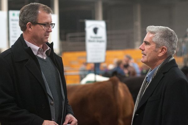 P.E.I. Transportation Minister Alan McIsaac and John Jamieson of the P.E.I. Federation of Agriculture on Thursday announced a new one-time registration option for farm trucks&rsquo; plates. (Government of P.E.I. photo by Brian Simpson)
