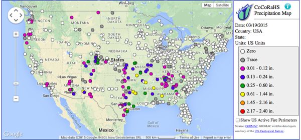 CoCoRaHS’ daily precipitation data for the U.S. for March 19, 2015.
