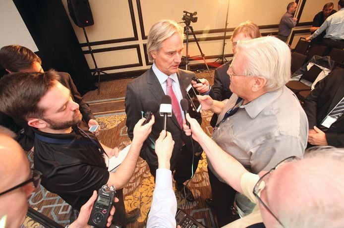 Michael McCain, shown here in Winnipeg on April 15, reported an improved Q1 for Maple Leaf Foods as it shuts the last of its “duplicative” further-processing plants. (Manitoba Co-operator photo by Shannon VanRaes)
