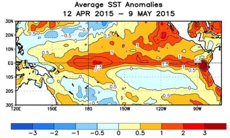 Equatorial sea surface temperatures (SSTs) have run above average for the past four weeks, the U.S. NOAA’s Climate Prediction Center noted Monday. (CPC.ncep.noaa.gov)
