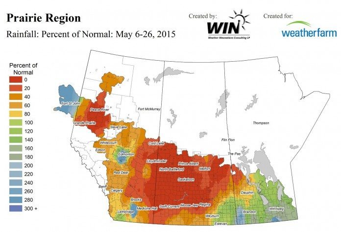 Rainfall as a percentage of normal for the period of May 6 to 26, 2015. (WeatherFarm.com)
