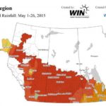 Accumulated rain on the Prairies for the period of May 1 to 26, 2015. (WeatherFarm.com)
