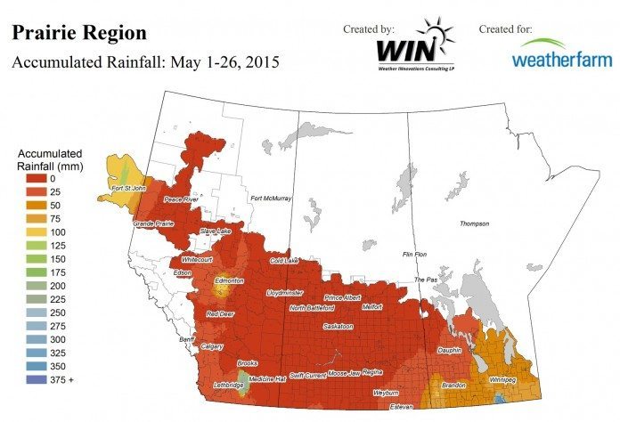 Accumulated rain on the Prairies for the period of May 1 to 26, 2015. (WeatherFarm.com)
