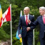 Ukraine’s Prime Minister Arseniy Yatsenyuk and Canada’s Prime Minister Stephen Harper meet at Meech Lake’s Willson House at Chelsea, Que. on Tuesday. (Deb Ransom photo courtesy PMO)
