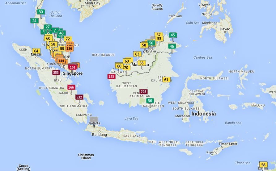 Air quality index site AQICN.org’s real-time map for Indonesia and surrounding jurisdictions for Sept. 29 at about 7 p.m. CT. The site categorizes readings between 201 to 300 as “very unhealthy” and greater than 300 as “hazardous.” (AQICN.org)
