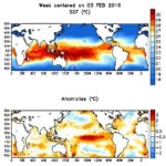 Averaged sea surface temperatures and sea surface temperature anomalies worldwide for the week centred on Feb. 3. (CPC.ncep.noaa.gov)
