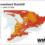 Eastern Ontario, parts of the Near North and a region bounded by Essex to Niagara are the worst hit by excessive dryness. (Map courtesy Weather INnovations)

