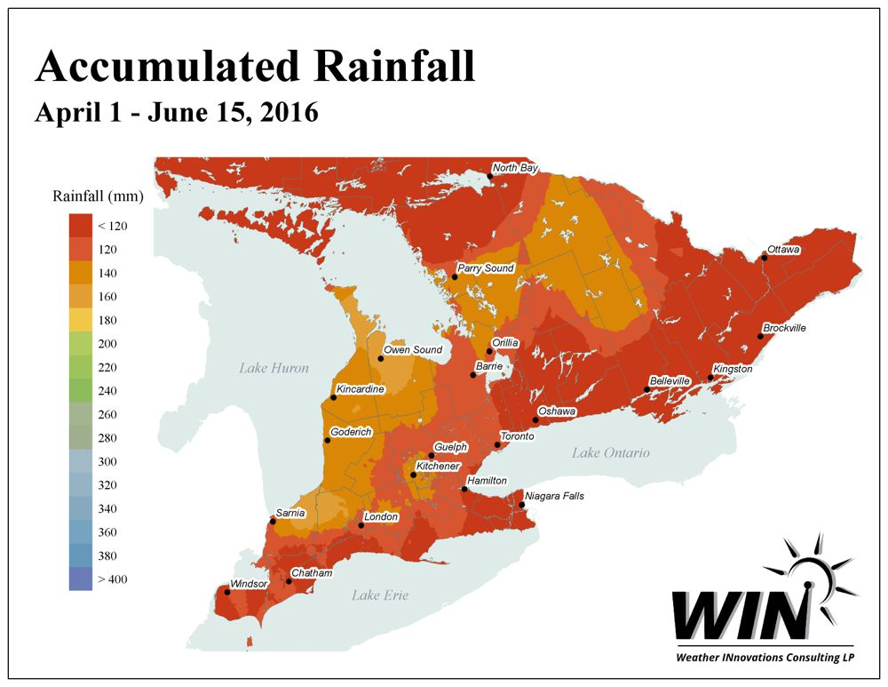 Eastern Ontario, parts of the Near North and a region bounded by Essex to Niagara are the worst hit by excessive dryness. (Map courtesy Weather INnovations)
