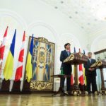 Canada’s Trade Minister Chrystia Freeland and Prime Minister Justin Trudeau and Ukrainian President Petro Poroshenko (l-r) meet with media July 11 in Kyiv. (PMO photo by Adam Scotti)
